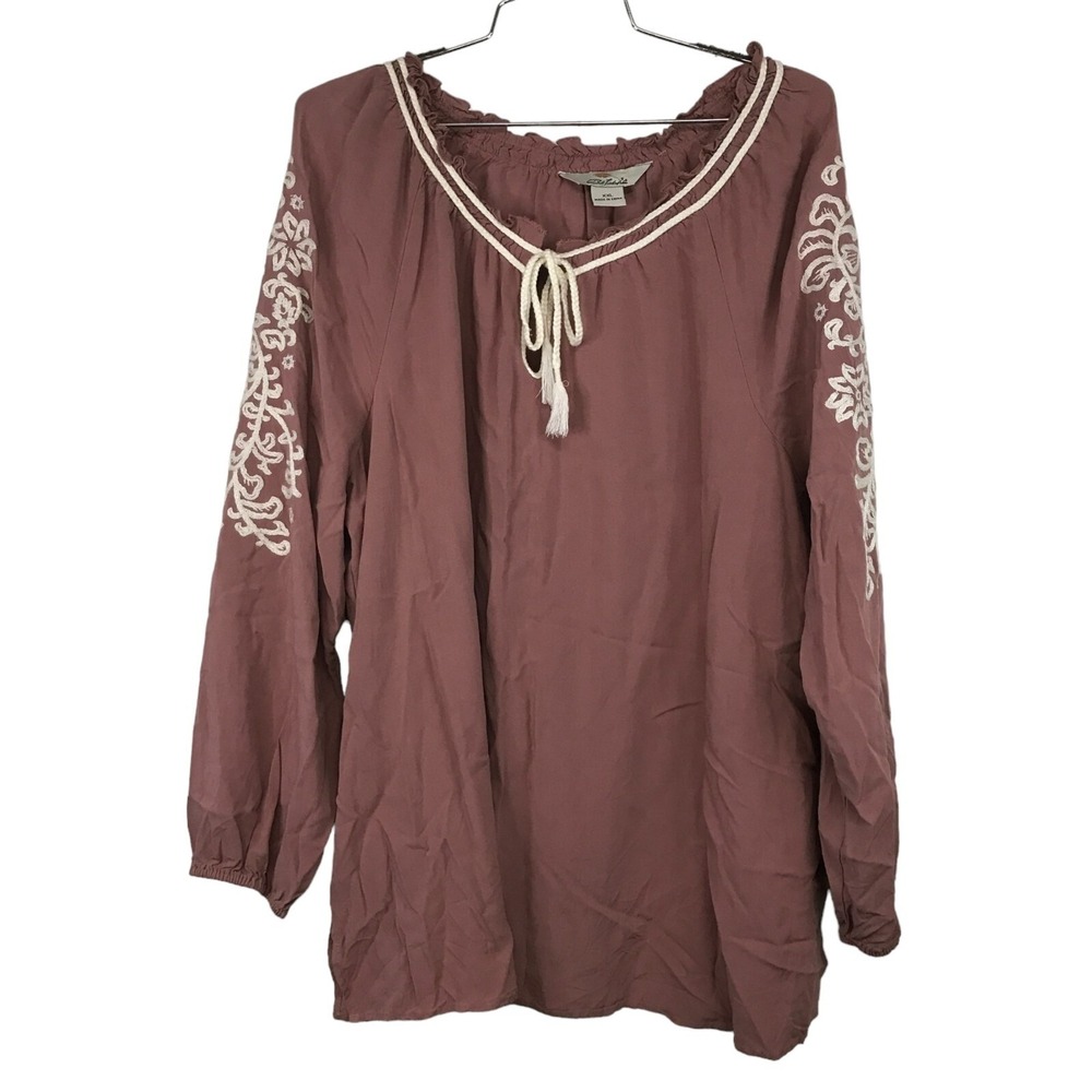 Bob Timberlake Womens XXL Boho Embroidered Peasant Blouse Mauve Long Sleeve Top